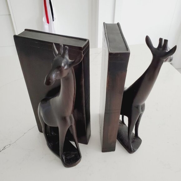 Ebony African Hand Carved Giraffe Bookends Vintage 1970 Rare Traditional Tribal - Picture 4 of 8